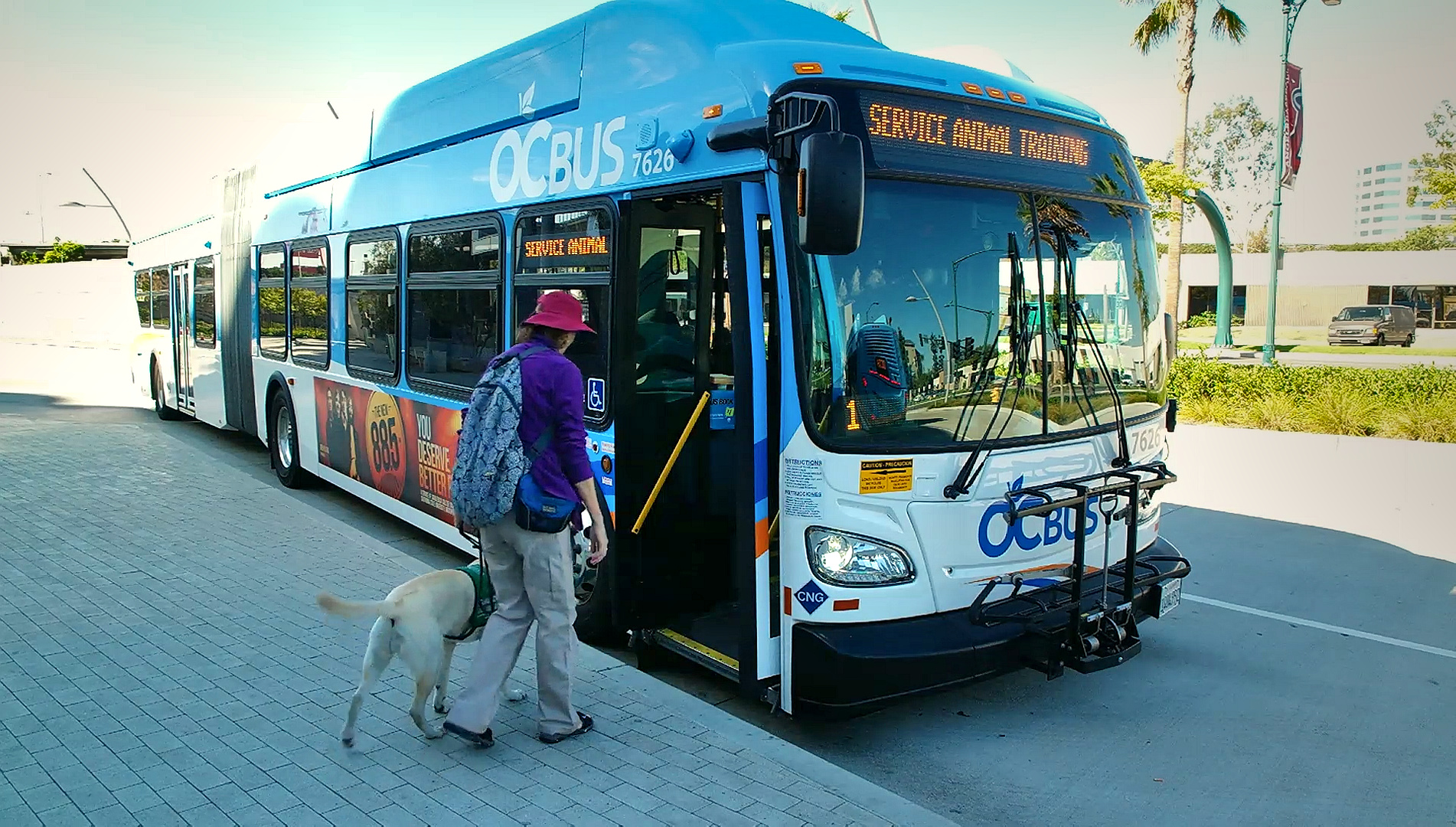 Colette with Zola III boarding an OCTA bus 2017