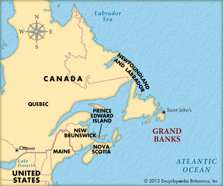 Map with grand banks off Newfoundland